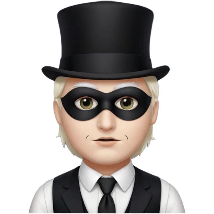 A man with white skin, a black half mask with an eye hole, a black top hat, a black vest with a black tie tucked underneath, and a white collared shirt emoji