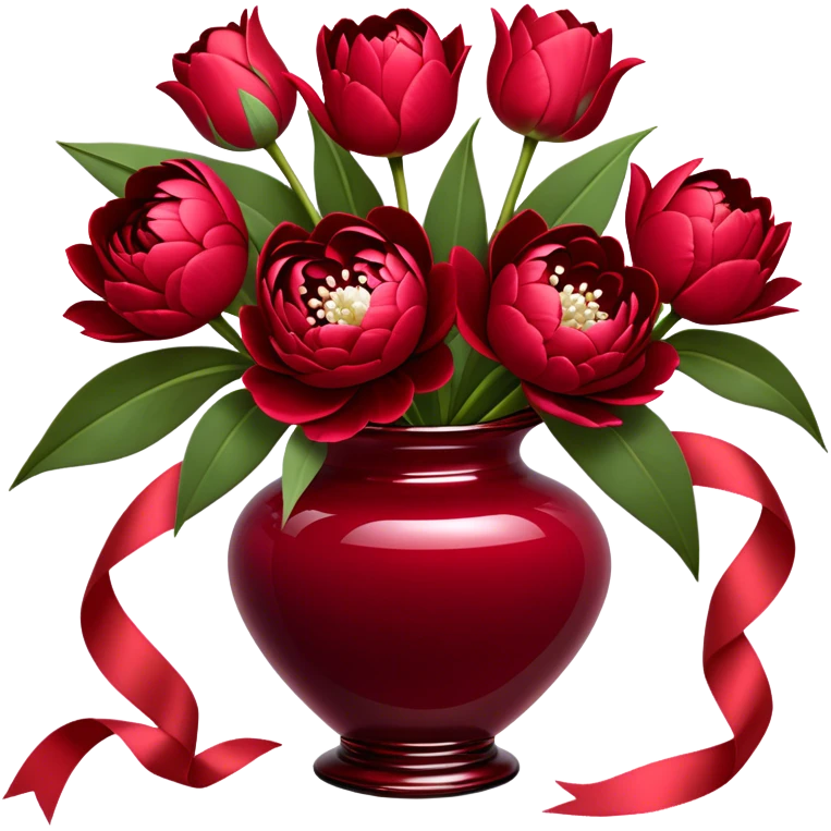 "An exquisite floral arrangement in a deep red glass vase, filled with velvety red peonies, classic roses, and striking tulips, accompanied by silky pearl-colored ribbons that drape gently over the surface." emoji