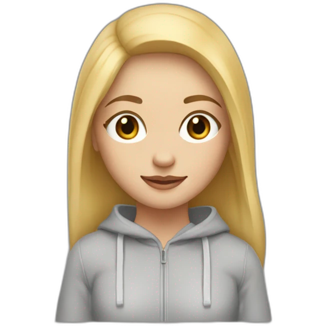 A blonde girl with smooth hair and a ray in the middle, she has light skin a few freckles, and she wear a hoodies  emoji