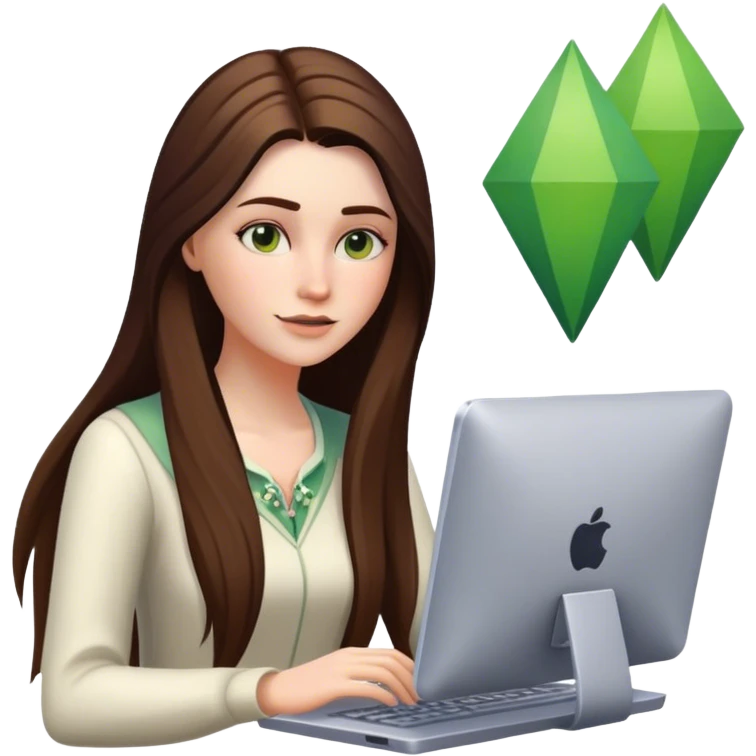 beautiful pale brunette girl with long hair playing the sims4 on her computer  emoji