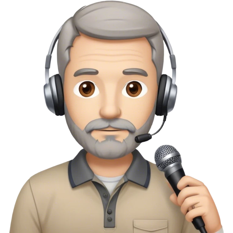 male, brown and gray hair, brown and gray beard,  hazel eyes, athletic build with khakis and a polo, technology teacher, podcast studio background, microphones and earphones, ultra realistic, memoji-style, 3d render, photo, anime, illustration emoji