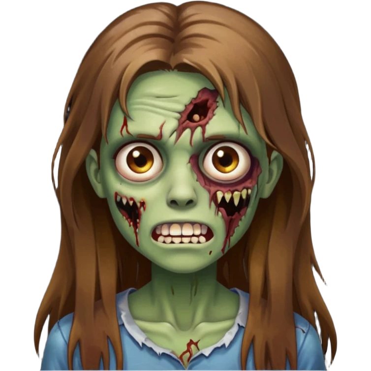 Girl zombie with brown long hair with teeth and serious face IOS style emoji
