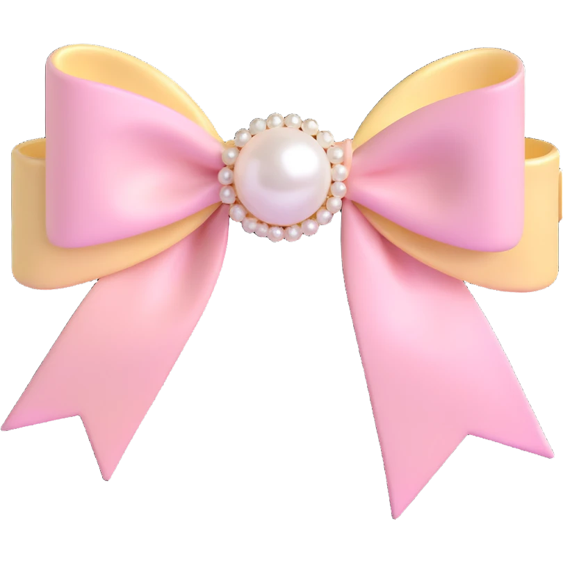 elegant bow with pearls and gold Chanel logo, glossy, pastel colors emoji
