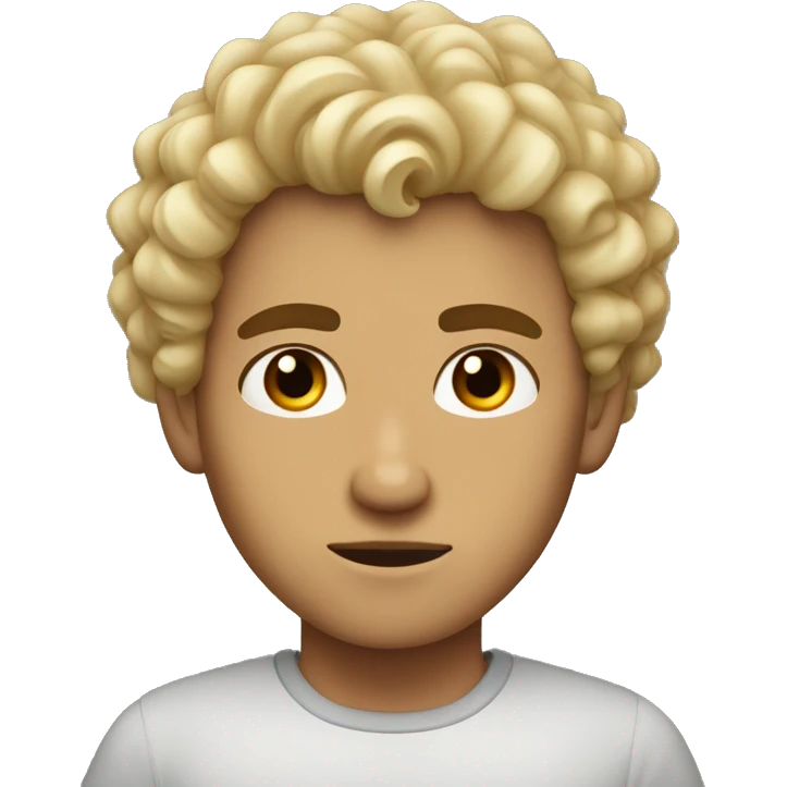 dark brown eyes, very very curly blonde short hair guy, serious face, tan skin emoji