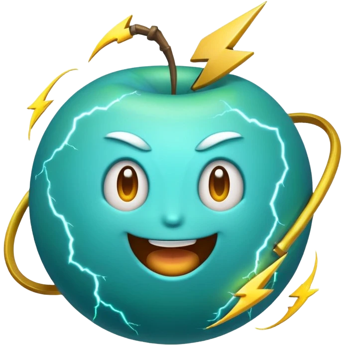 Uranus emoji in Apple-style, blue-green planet with rings, big excited playful face, prominent bold lightning bolt, radiating chaotic electric energy emoji