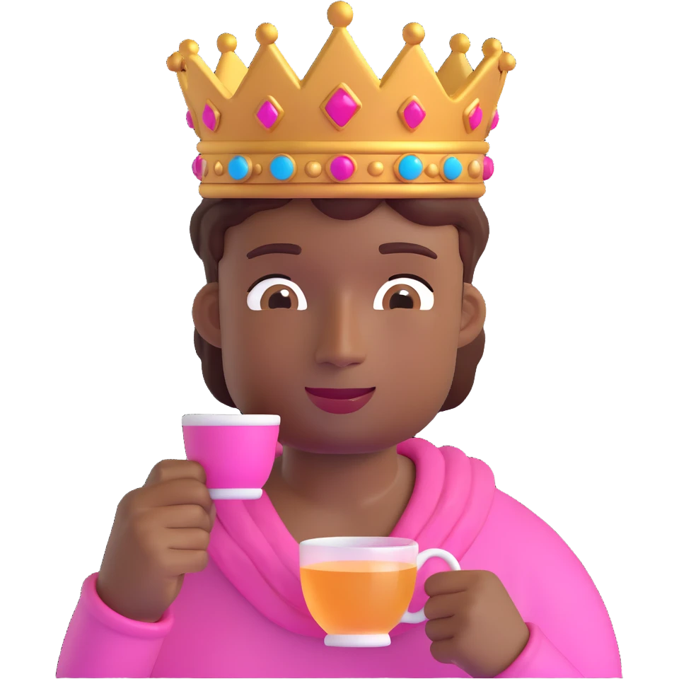 brown skin male emoji wearing a pink crown, sipping tea, relaxed expression emoji