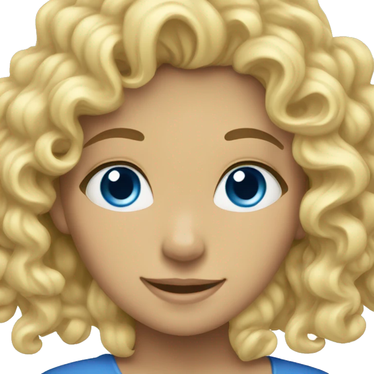 Blonde, curly, female, blue eyes, smiling emoji