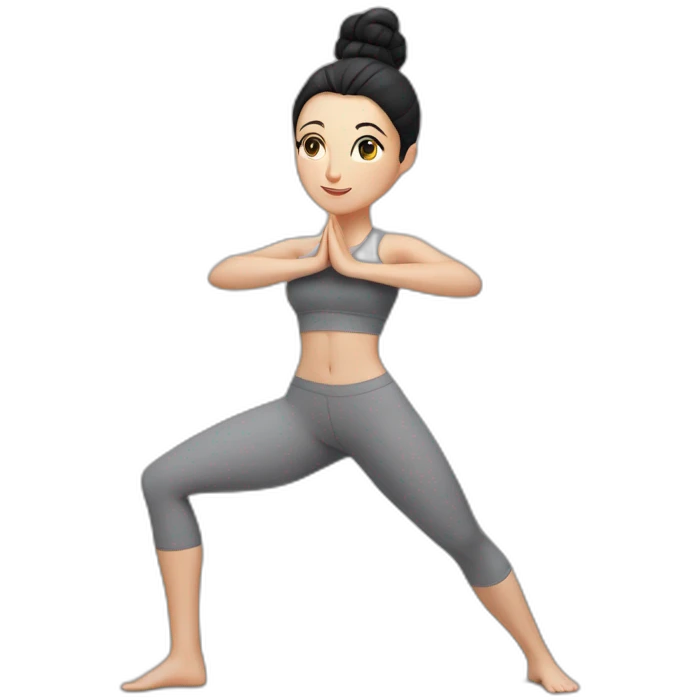 Pale skinned fit woman In a gray tight yoga suit and wristbands With black hair in a bun doing yoga emoji