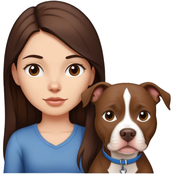 girl with dark brown long hair with her pitbull dog brown and white emoji