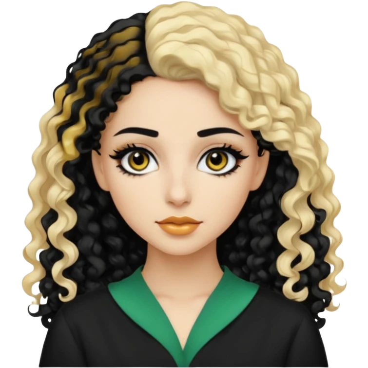 Pale Saudi beauty, pretty baddie, black eyeliner, split dye leftside blonde rightside black curly hair emoji