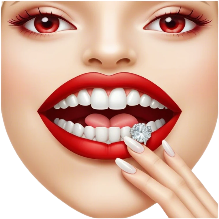 Glossy, bright red lips slightly parted. Inside, sparkling diamonds grillz. A playful tongue touching the teeth. A long, elegant fingernail with a soft white shade. No face! only lips and finger emoji