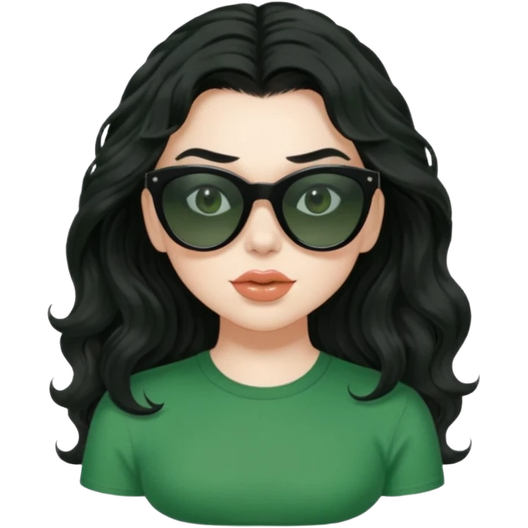 current charli xcx with her long black wavy hair, thick black sunglasses, pale skin, and a green top that said brat in the brat font. emoji