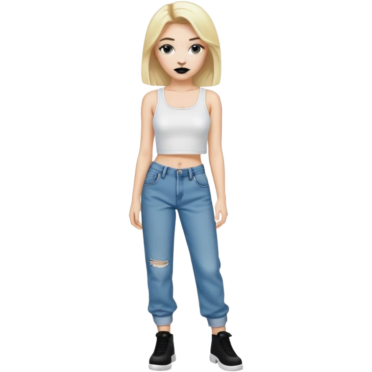 White girl with blond hair , black lipstick and white crop top for shirt and for pants baggy jeans emoji
