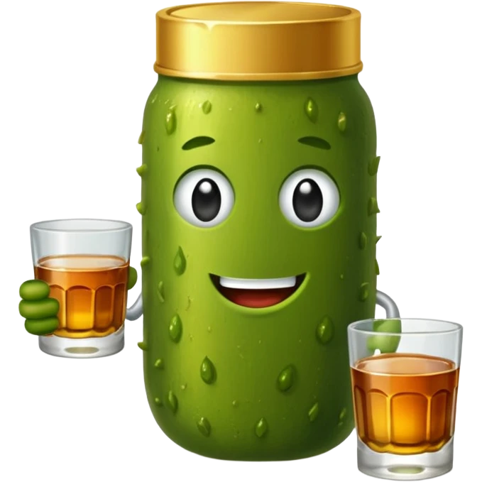 Pickle wearing gold medal with sneakers on holding two shots of whiskey emoji