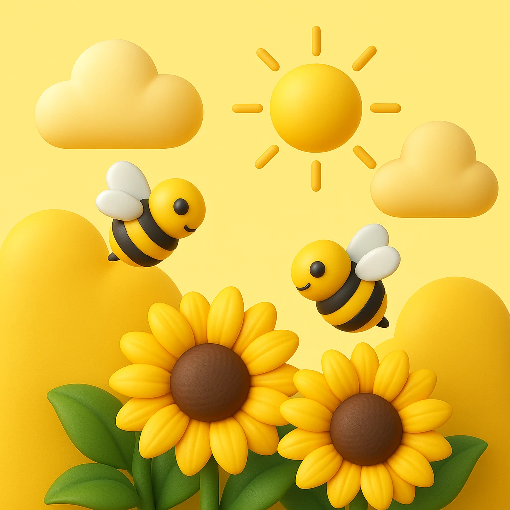 3D iOS style emoji of sunflowers with bees, a sun, and clouds in the background, mimicking the colors and composition of the reference image. emoji