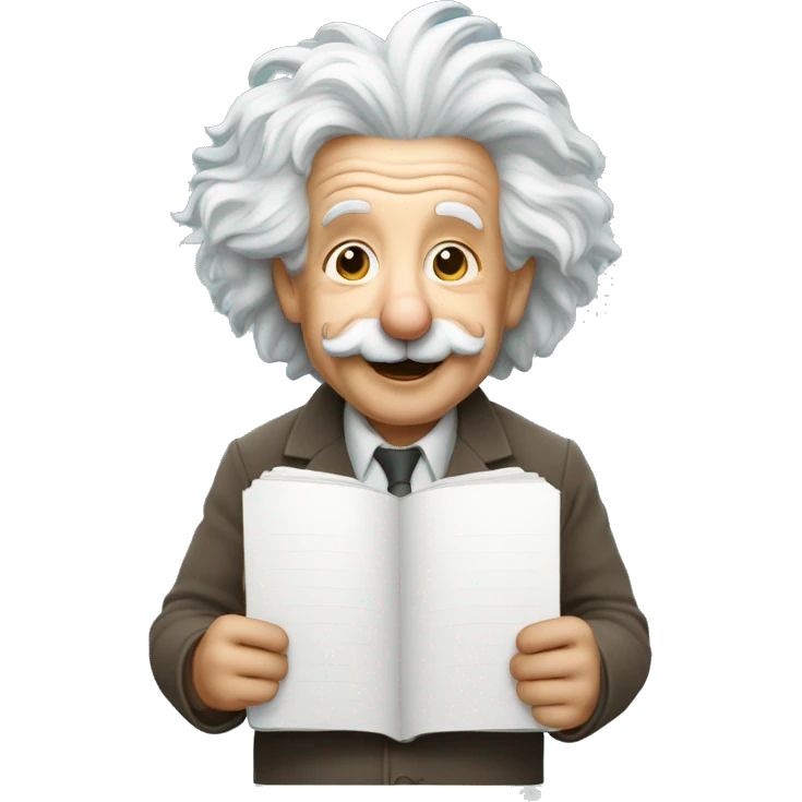 happy albert einstein holding blank notebook in one hand emoji