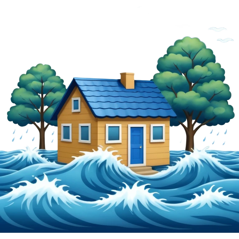 showing a flood disaster scene with powerful blue water waves overflowing around small houses and trees, dark cloudy sky, heavy rain falling, dramatic yet simple design emoji