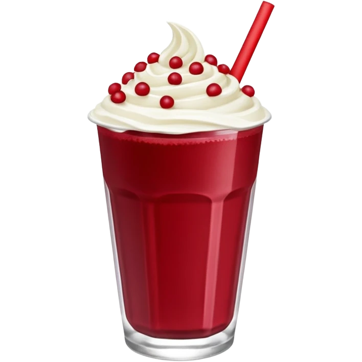 crea una bebida de red velvet con bolitas de yogurt como topping en vaso de plastico con popote, el topping no es crema, son poppings de yogurt emoji