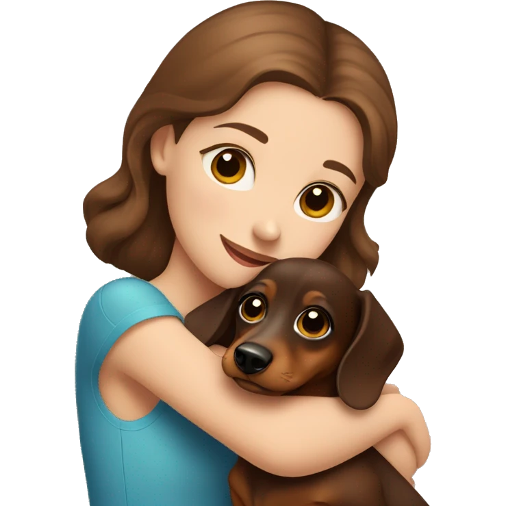 Girl with Brown Hair and blue eyes hugging a brown baby dachshund  emoji