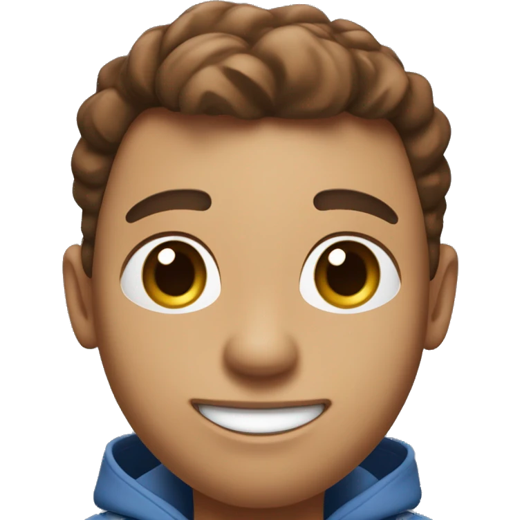 A digital 3D emoji-like face with brown hair, a small mole under the right eye, wearing white earbuds, and smiling. The character is wearing a dark blue hoodie and a black Nike crossbody bag. The background is a gradient light blue. emoji