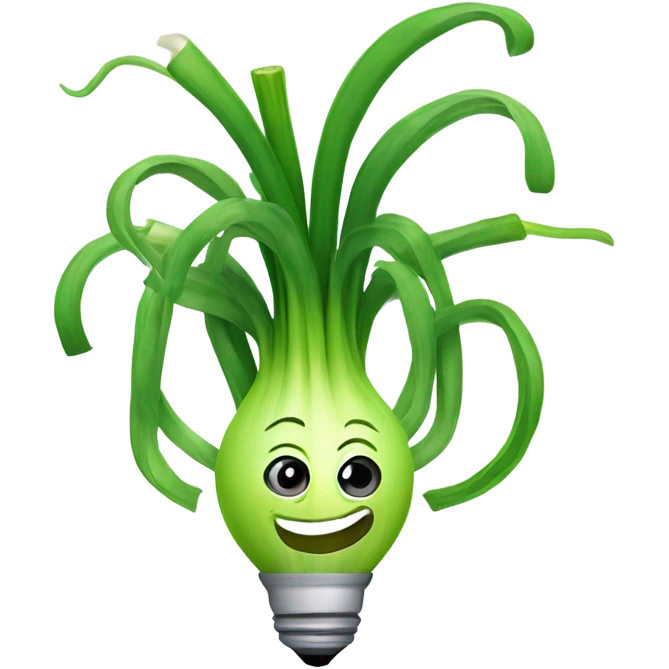 Smiling green onion with a bundle of long, thin green stalks as hair, big expressive eyes, and a cheerful cartoonish face on the white bulb section. Vibrant and playful design. emoji