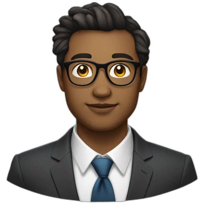 27 year old man with thin frame square glasses, oval face, formal shirt with tie, formal hair emoji