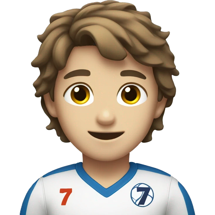 boy with brown hair wearing a uniform with the number 7 volleyball emoji