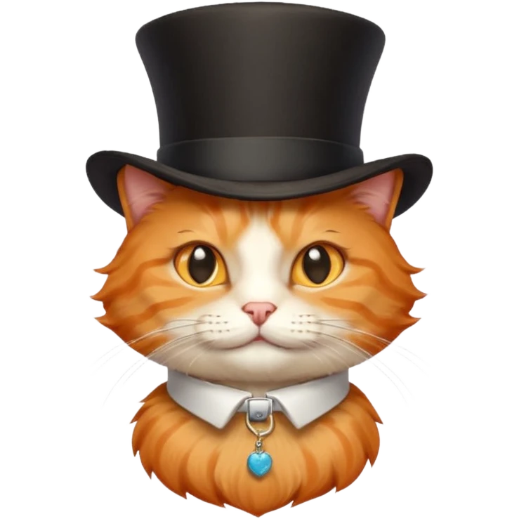 Orange cat wearing a top hat and collar that says snickerdoodle  emoji