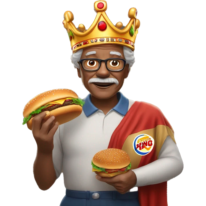 Older man wearing a Burger King crown with a burger in his hands emoji