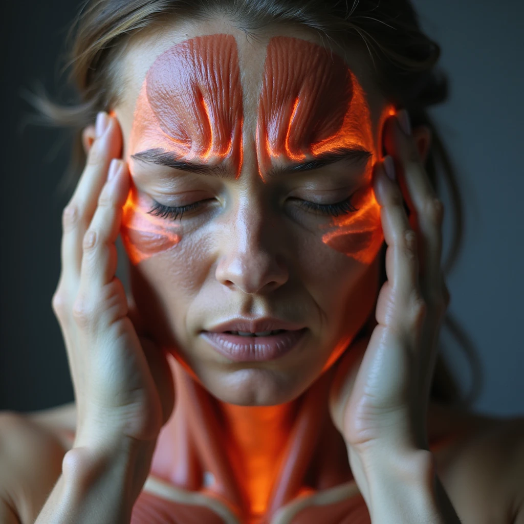 hyperrealistic 4K quality close-up of a woman with muscle-tension headache, eyes closed in pain, hands massaging temples, tense and reddened neck muscles, realistic anatomical details emoji