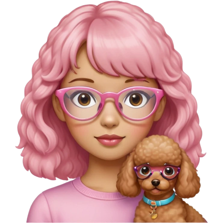 medium hair girl with soft bangs, pink blush and pink clear glasses with 2 toy poodles. one toy poodle is brown and the other toy poodle is white emoji