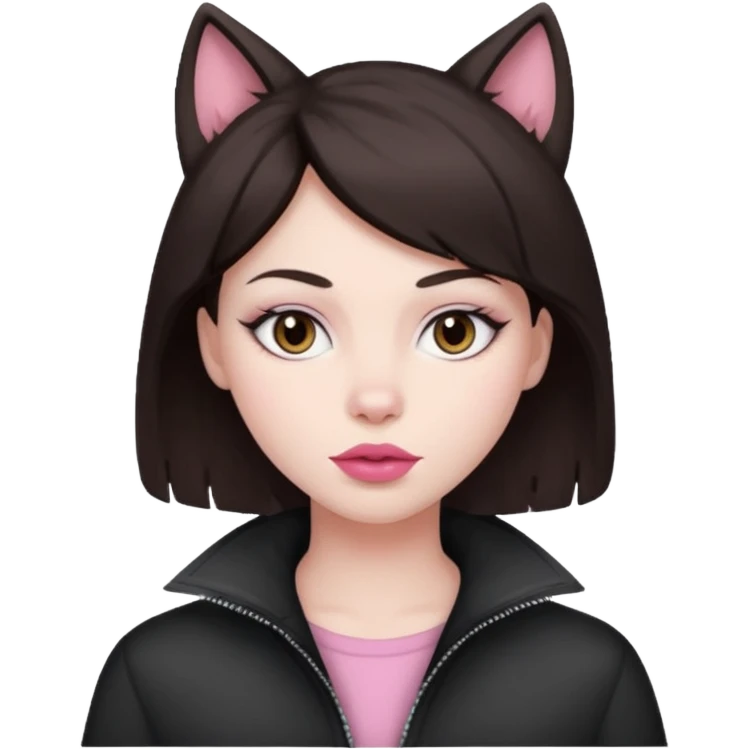 my hair is dark brown almost black, reaching my underarm. the haircut is wolfcut, pretty lasher hut not thick. slightly pink lips. emoji