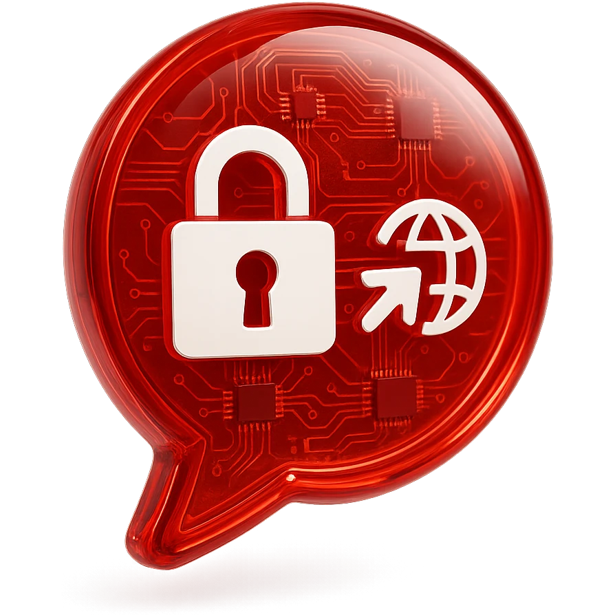 Create a Slack emoji icon in the glossy circuit style as the reference image. Show a bold and readable red chat bubble with a padlock and a small external link or globe symbol, representing a conversation blocked by an external party. The icon should be clear and recognizable at small size, with a glossy red chat bubble base and bold lines. emoji