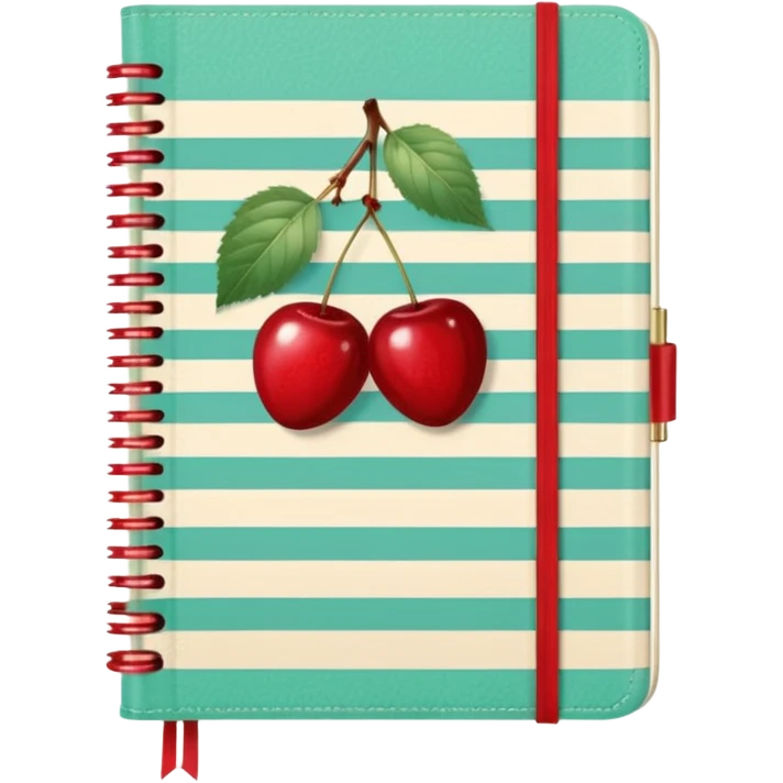 Cute vintage notebook cover, mint and cream vertical stripes, red spine
Hand-drawn cherries with leopard bow, playful feminine aesthetic
Flat illustration, clean composition, soft retro color palette emoji