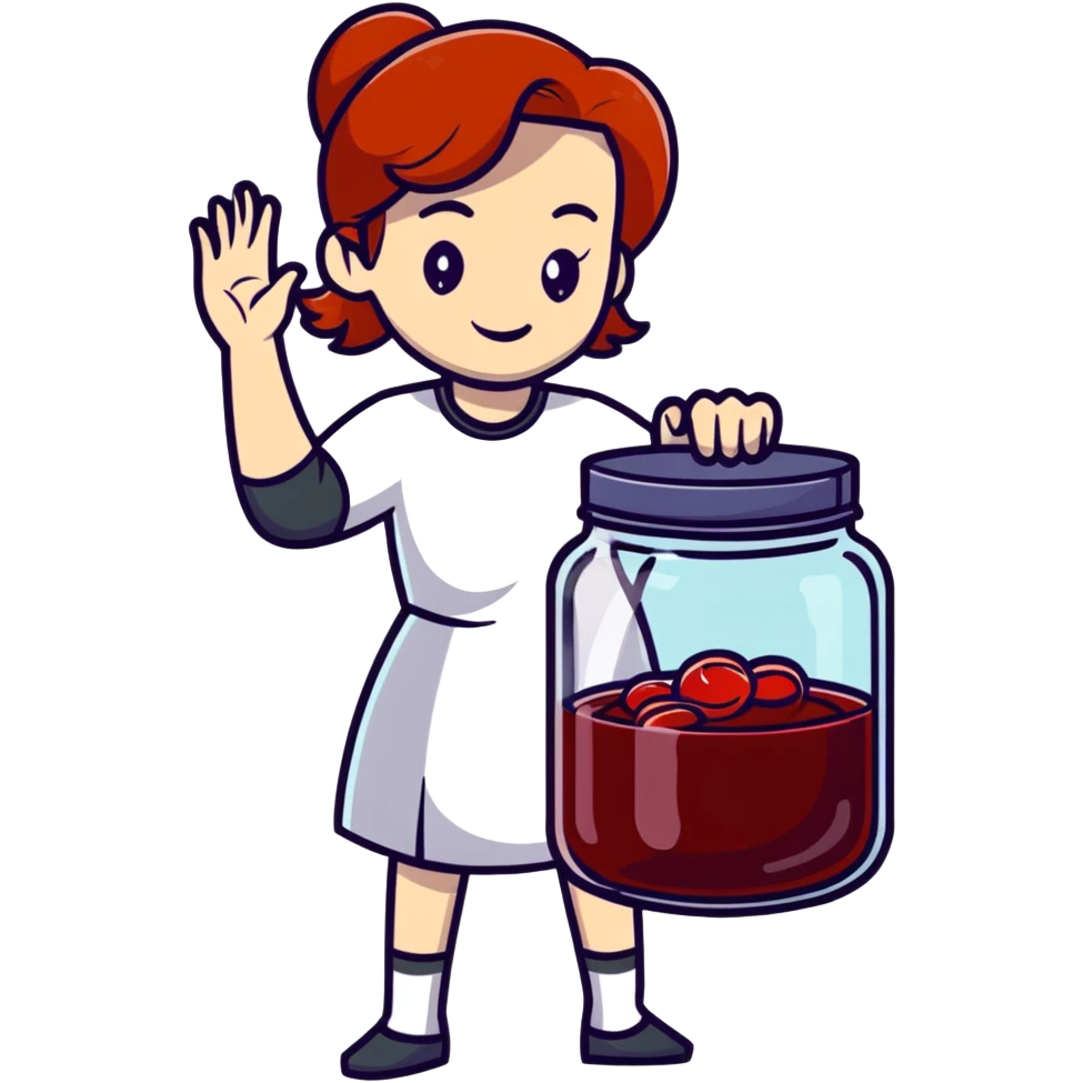 redhead woman showing a glass jar with jam at arms length, closeup emoji