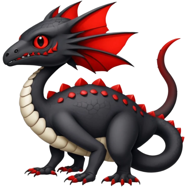 a white exotic edgy vernid-fionbr-Fakémon-creature, with black belly and red eyes, full body emoji