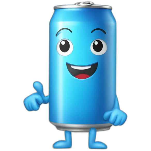 a friendly blue soda can with arms and legs emoji