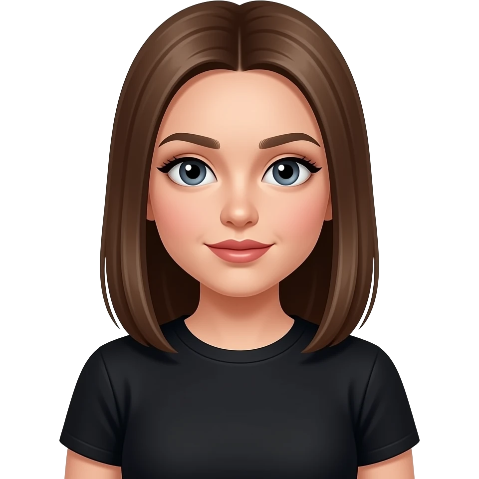 JN - teenage girl, lots of make up, very straight medium brown hair, black crew neck t-shirt emoji