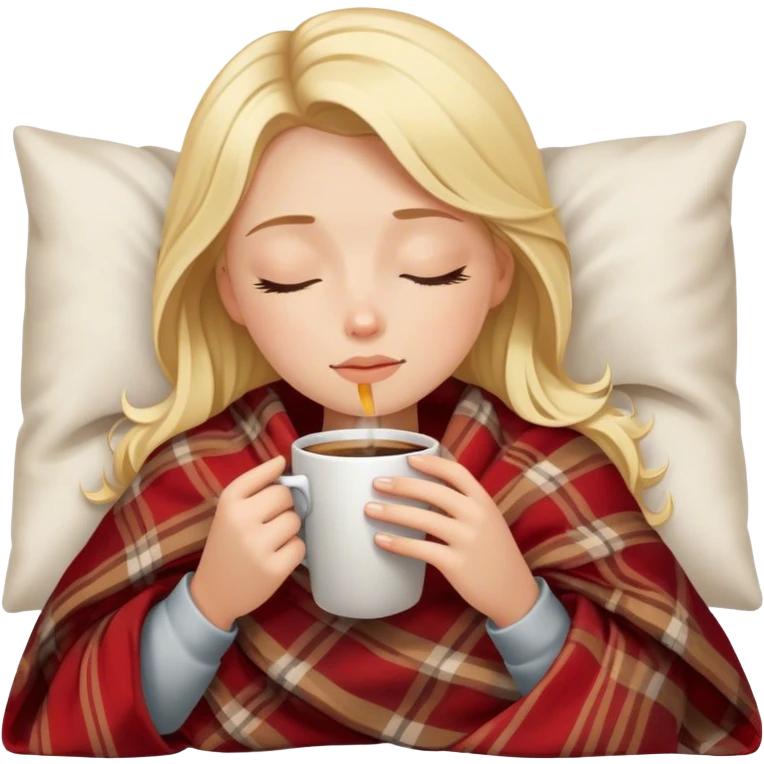 Blonde girl inside a blanket sipping coffee eyes closed emoji