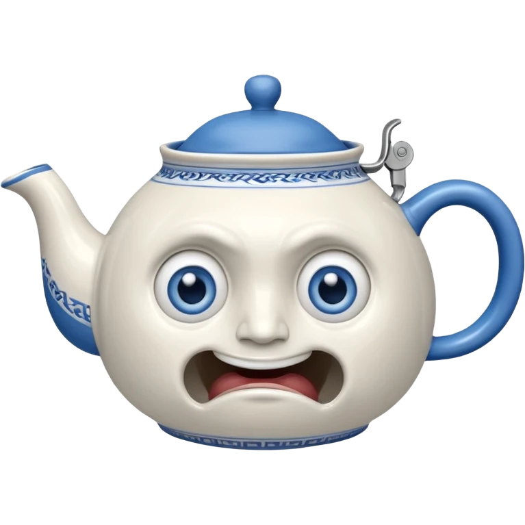 It is a large teapot with legs and a handle extending into an arm. It also has a face with wide-open blue eyes, the frowning like face. emoji