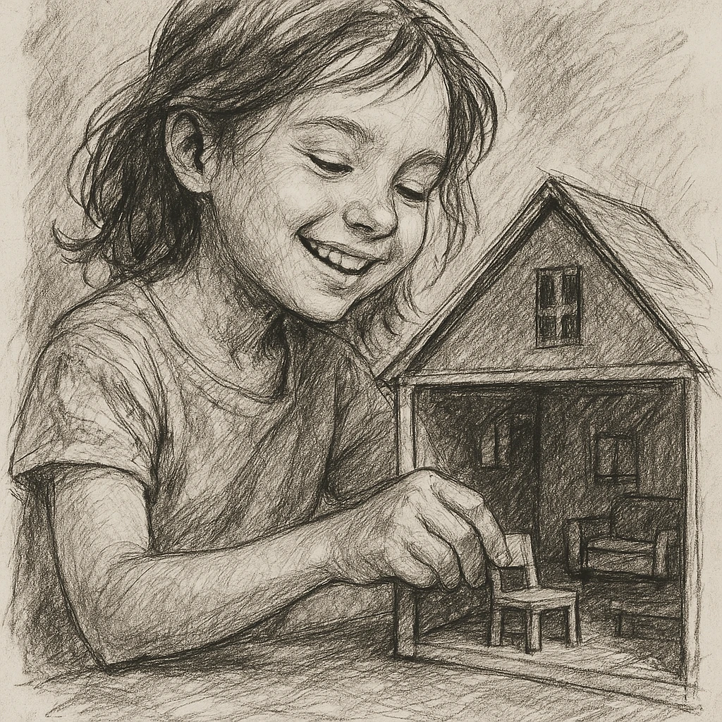 smiling girl arranging furniture in doll house emoji
