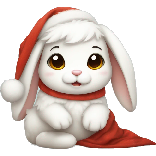 White cute fluffy bunny with brown eyes sitting wrapped in a christmas blanket with santa hat emoji