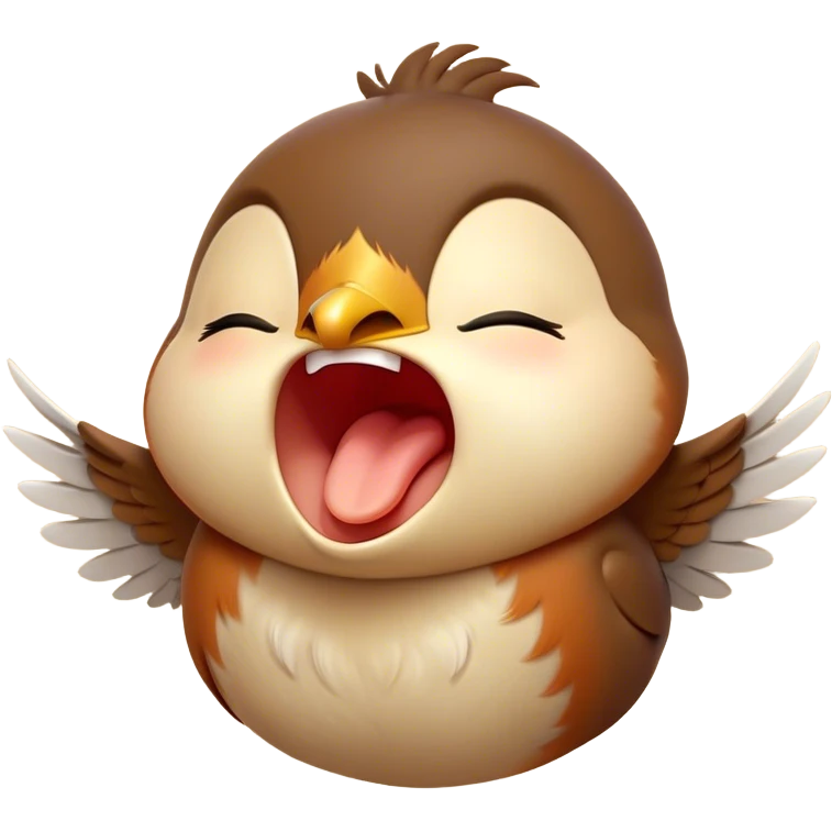 Cinematic Cute Yawning Robin Portrait Emoji, Head tilted slightly with a dramatic, wide-open yawn, showcasing a small, softly feathered body with gently drooping wings and sleepy, half-closed eyes, Simplified yet irresistibly adorable features, highly detailed, glowing with a soft, cozy glow, high shine, relaxed yet expressive, stylized with a dash of whimsical woodland charm, soft glowing outline, capturing the essence of a drowsy yet affectionate robin that appears ready to stretch out for a nap! emoji