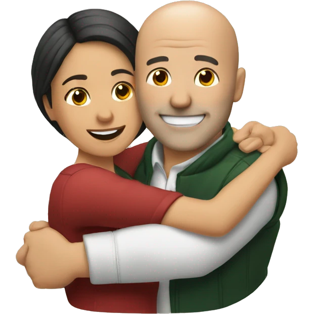 couple hug with warm smiles, white bald man, Mexican woman  emoji