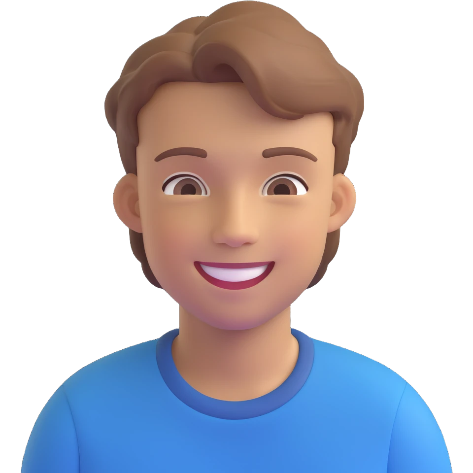 smiling young man with light brown hair, subtle 3D effect, neutral background, high resolution, no text emoji