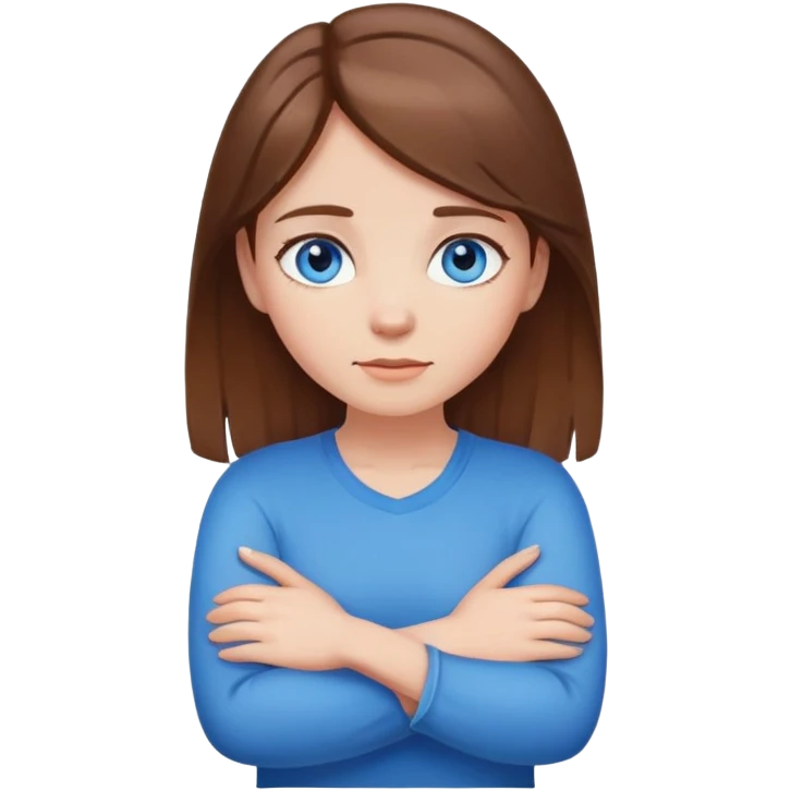 girl with brown hair blue eyes, arms crossed holding neck emoji