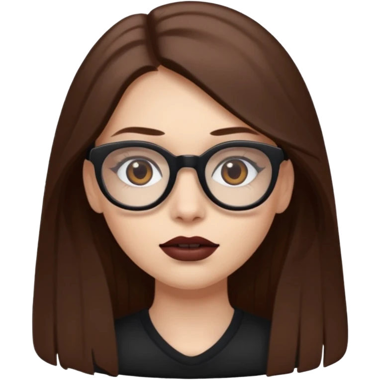 white-skinned girl with long brown hair with darker brown underlayer, brown glasses, brown lipstick, half-body emoji
