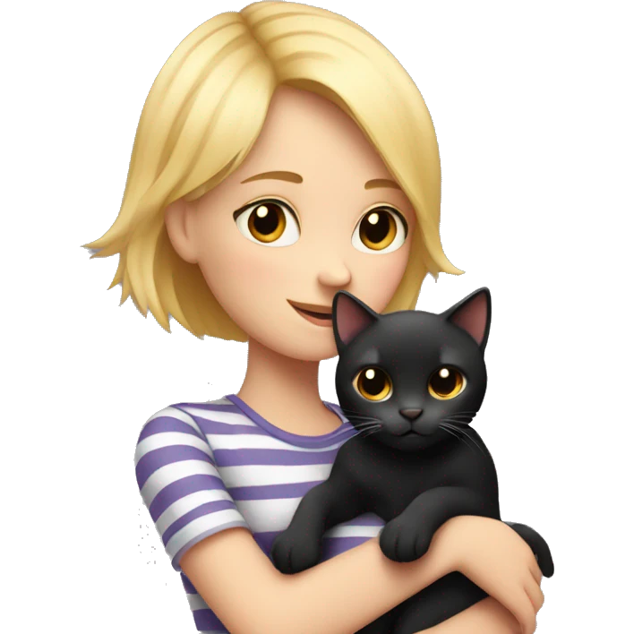 A girl with short blond hair hugs a black striped cat emoji