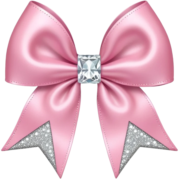 Cutesy pink bow emoji. Shiny baby pink satin ribbon. It's silver glitter sparkles on it. Shiny with rhinestones and shadowed to look three-dimensional emoji
