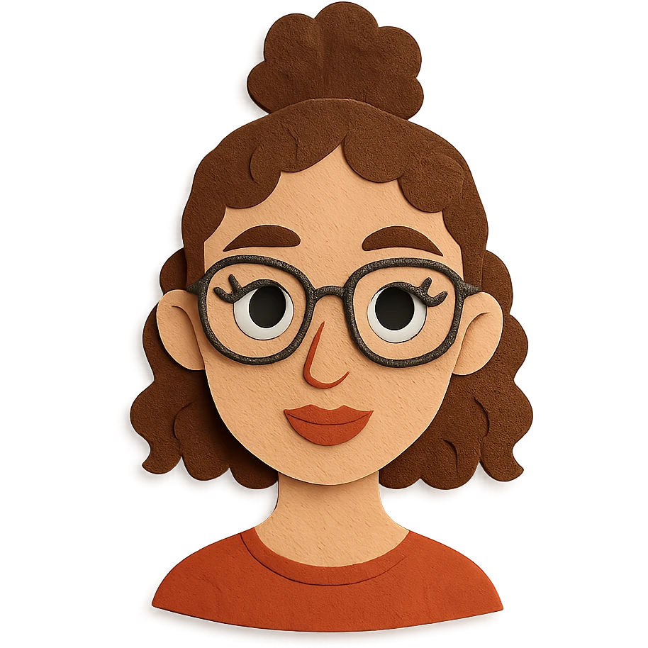 23-year-old girl with square thin glasses, brown curly hair in a high bun, big eyes and lashes, small nose and mouth, thin hoop nose piercing emoji